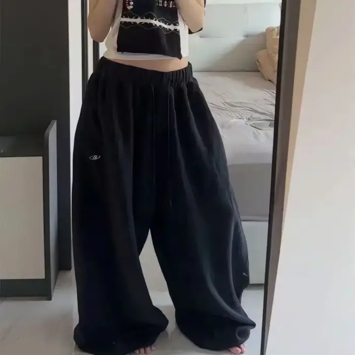Pantalon de jogging oversize gris et noir pour femme, style Y2K coréen, décontracté, taille haute, a