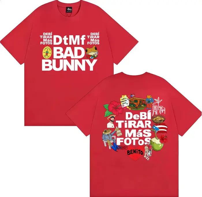 T-shirt imprimé DTMF Bad Bunny Debi Tirar Mas Fotos 2026 Tour pour hommes et femmes, hip-hop, pop mu