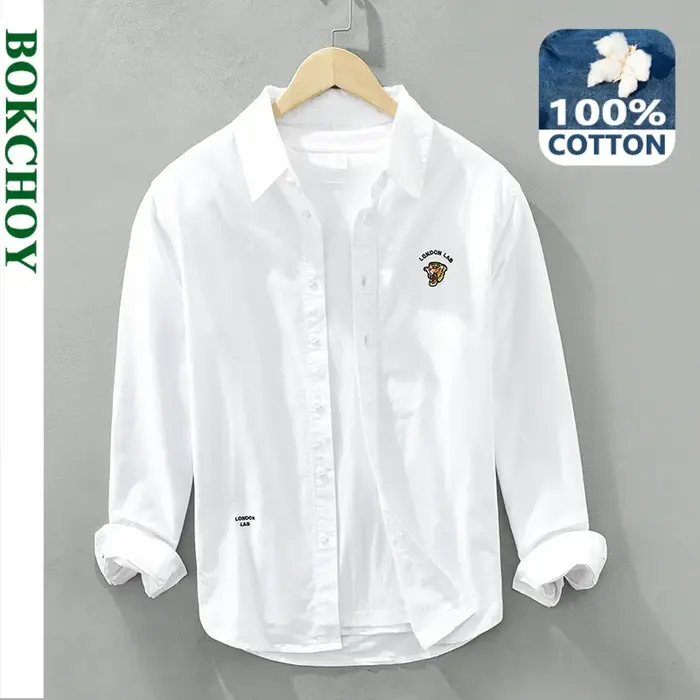 Chemises brodées Oxford pour hommes, vêtements simples en pur coton, Streetwear décontracté, col rabattu, nouvelle collection automne C6633