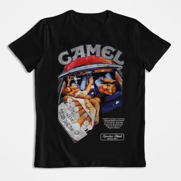 T-shirt Rétro Camel Cigarettes Pleasure to Burn en Coton Vintage à Manches Courtes