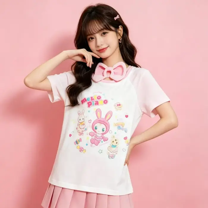 T-shirt ample et décontracté pour femmes, imprimé lapin de dessin animé Kawaii, couleur contrastée, motif graphique mignon, esthétique japonaise Y2k, t-shirts chics