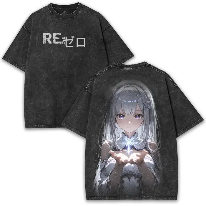 T-shirt Anime Re:ZERO Emilia pour hommes, vêtements de rue, style délavé, surdimensionné, manches co