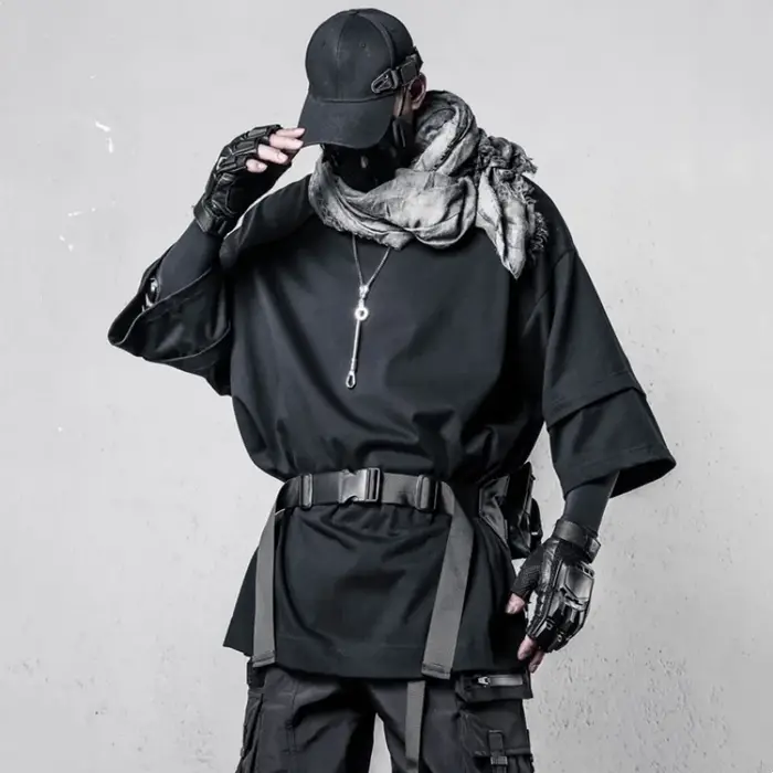 Techwear Style personnalité Patchwork Desgin t-shirt décontracté homme vêtements haute rue fonction tactique à manches courtes hauts