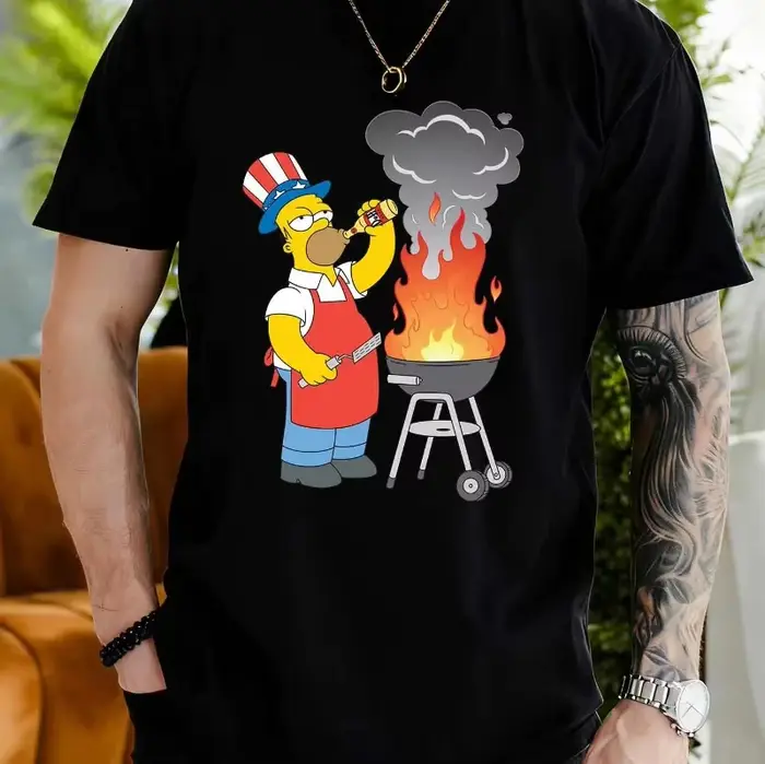 Nouveau T-shirt décontracté à manches courtes pour homme, tendance été. T-shirt unisexe avec motif imprimé Homer Barbecue de la famille Simpson, autorisé par les Simpsons