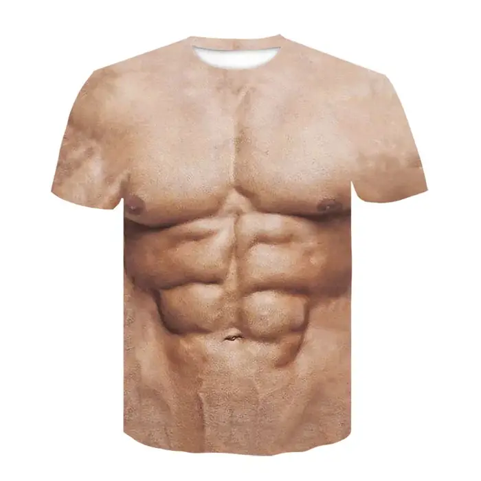 T-shirt graphique drôle pour homme avec poitrine poilue, imprimé 3D, faux abdominaux, manches courte
