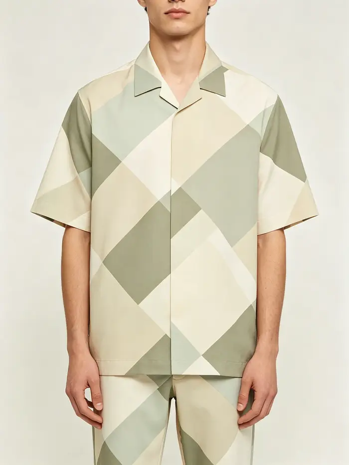 Chemise Homme à Col Cubain Manches Courtes Imprimé Géométrique Argyle Bloc de Couleurs Patchwork Ent