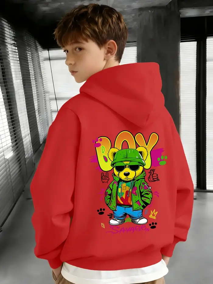 Sweat-shirt avec imprimé de dessin animé Cool Bear et texte anglais dégradé « BOY ». Lavable en machine