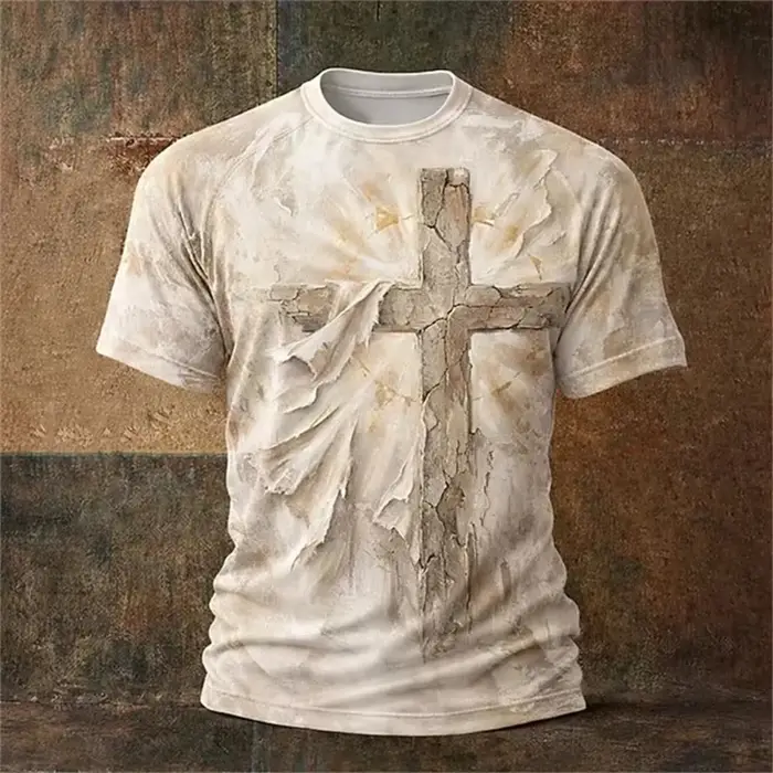 T-shirt pour homme chrétien, t-shirt ample d'été, style gothique, croix de Jésus-Christ, impression 3D, col rond, haut rétro à manches courtes