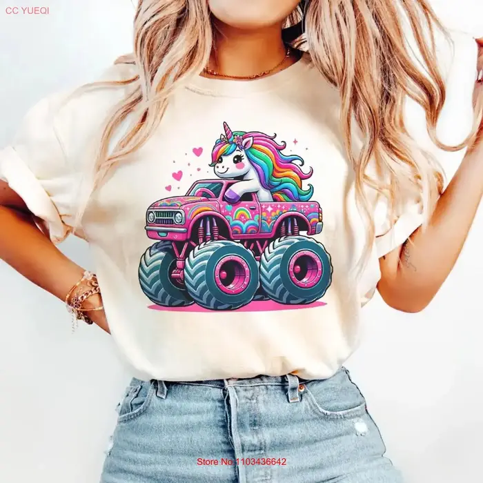 T-shirt vintage lavé pour homme, motif licorne amusante et mignonne montant un monster truck rose, respirant et doux, pour un usage quotidien décontracté