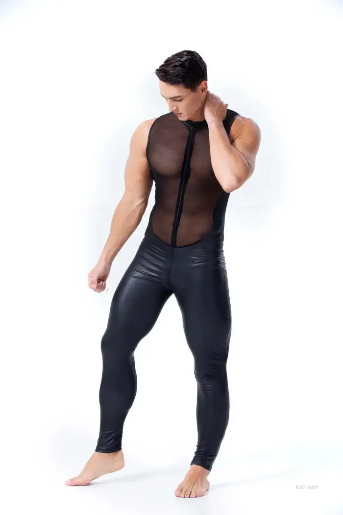 Noir Sexy hommes Pu Faux cuir verni cuir maille body discothèque Bar fête brillant Slim Fit combinai