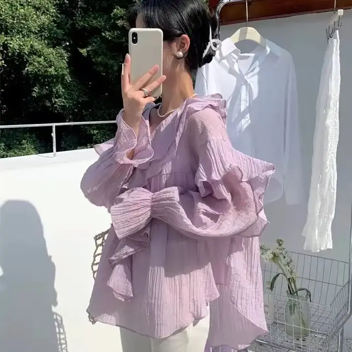 Xgoth à volants col en v manches à bulles Blouses femmes vêtements printemps/automne nouveau élégant