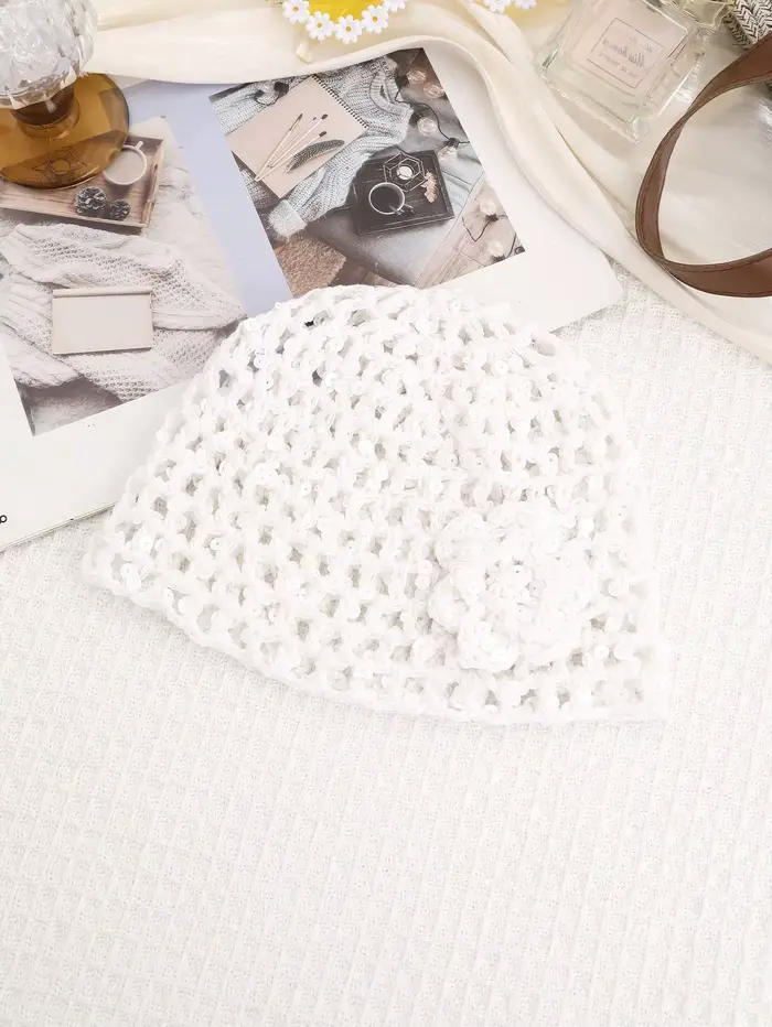 1 pièce : Bonnet en tricot ajouré à sequins style bohème, Chapeau bob tressé style vacances, Accesso