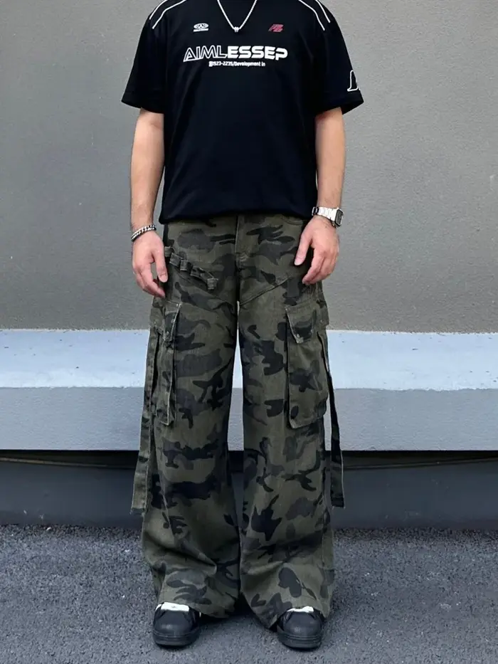 Nouveau Jean Cargo Baggy Camouflage Streetwear Cyber Y2K 2026 pour Homme – Coupe Droite Multi-Poches
