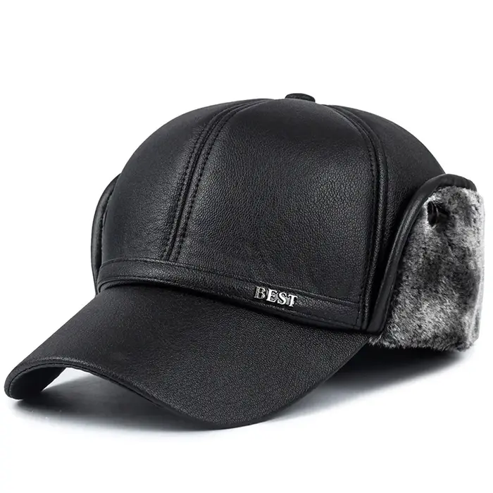 Casquette de baseball en cuir pour hommes, chapeau de protection des oreilles à la mode, chapeau cha