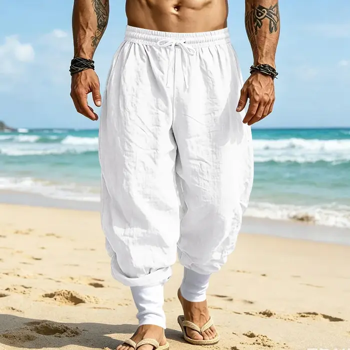 Pantalon de jogging en lin américain, coupe ample avec blocs de couleur et cordon de serrage, respir