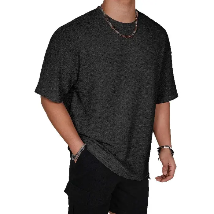 T-shirts pour hommes à manches courtes, couleur unie, style vintage, col rond texturé, t-shirts ampl