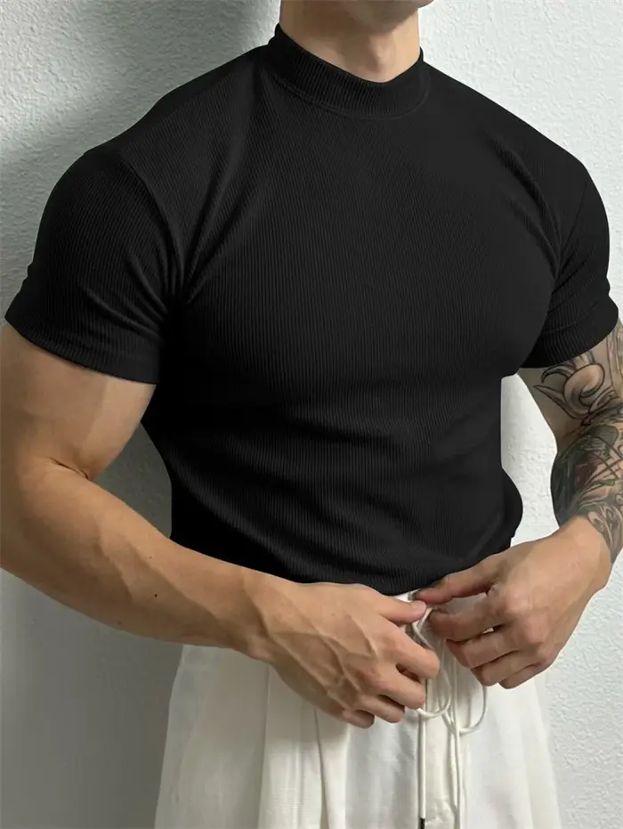Nouveau T-shirt homme tendance 2026 – Haut de sport à col montant rayé, manches courtes, idéal pour 