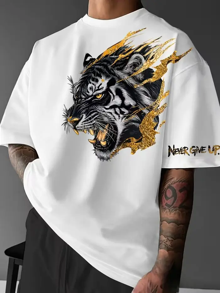 T-shirt en coton pour homme et femme, motif Tigre 'NEVER GIVE UP', coupe oversize décontractée, idéa