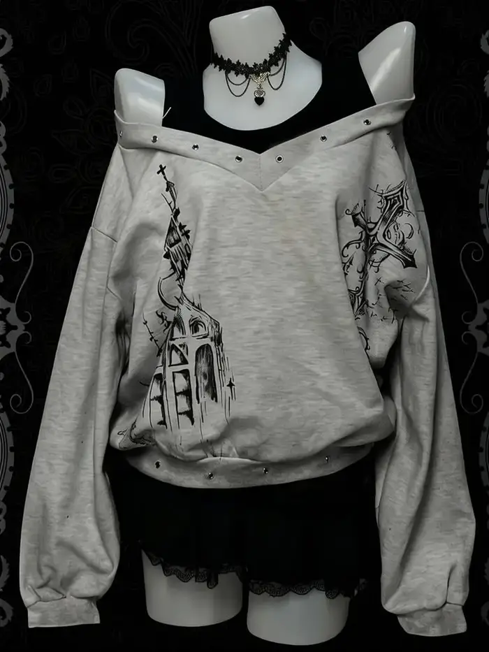 Sweat-shirt vintage punk rock à épaules dénudées pour femme, haut graphique streetwear à manches lon