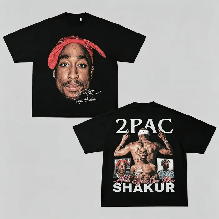 T-shirt à motif 2pac Shakur, double face, hommage au rap et au hip-hop, été 2026, unisexe, ample, en