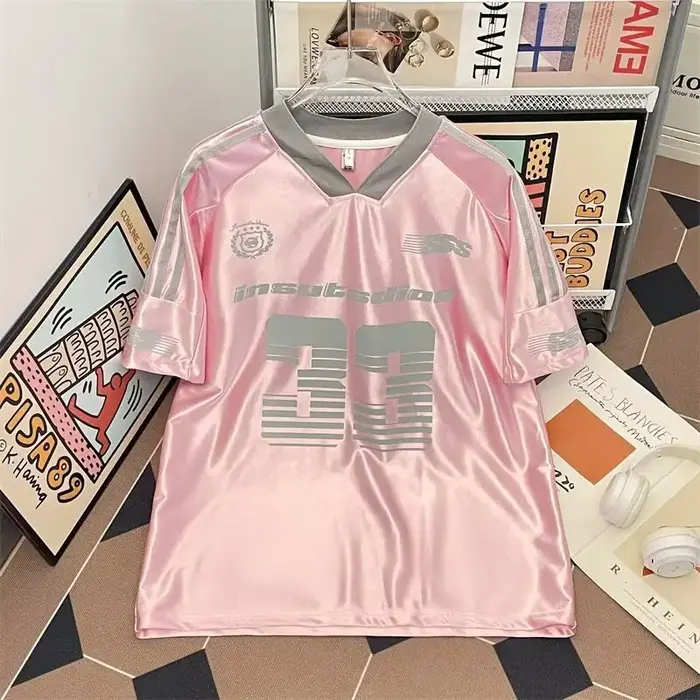 T-shirt de baseball à imprimé numérique coupe ample, col en V, manches courtes, unisexe, streetwear 