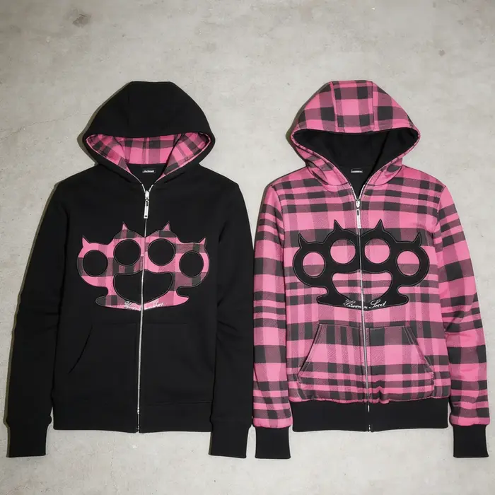 Sweat à capuche zippé rose et noir pour femme
