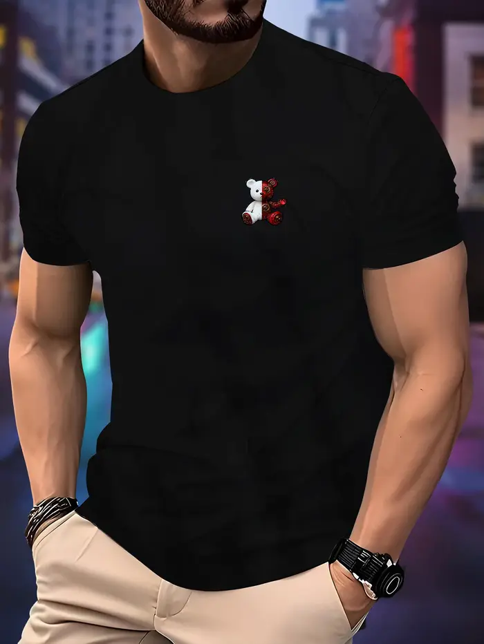 T-Shirt d'été pour hommes, essentiel, imprimé ours mécanique, doux et respirant, col rond, manches c