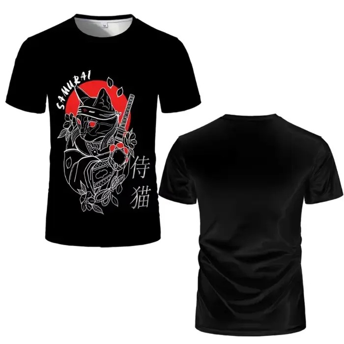 T-shirt graphique Ukiyoe japonais Samurai Cat