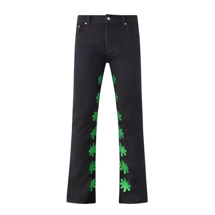 Jean Baggy pour hommes, Streetwear, broderie florale sur le côté intérieur, noir, bleu, poches droit