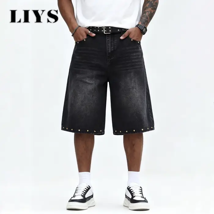 LIYS Jean Jorts Vintage Noir à Rivets Coupe Large pour Homme – Style Y2K Tendance, Pantalon Streetwe