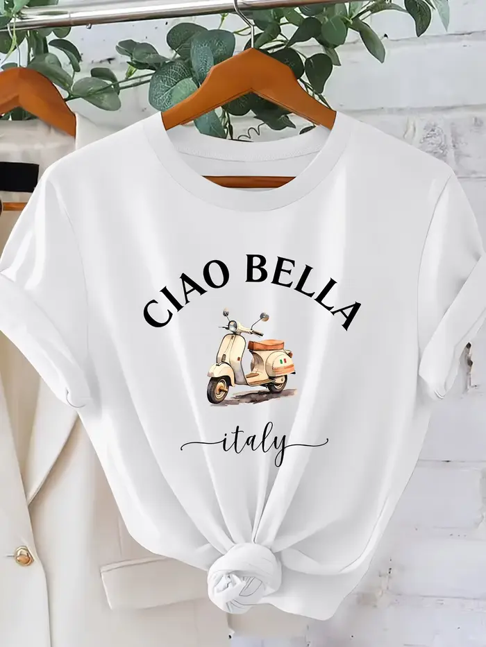 T-shirt imprimé moto italienne CIAO BELLA pour femme - Blouse à manches courtes style scooter italie