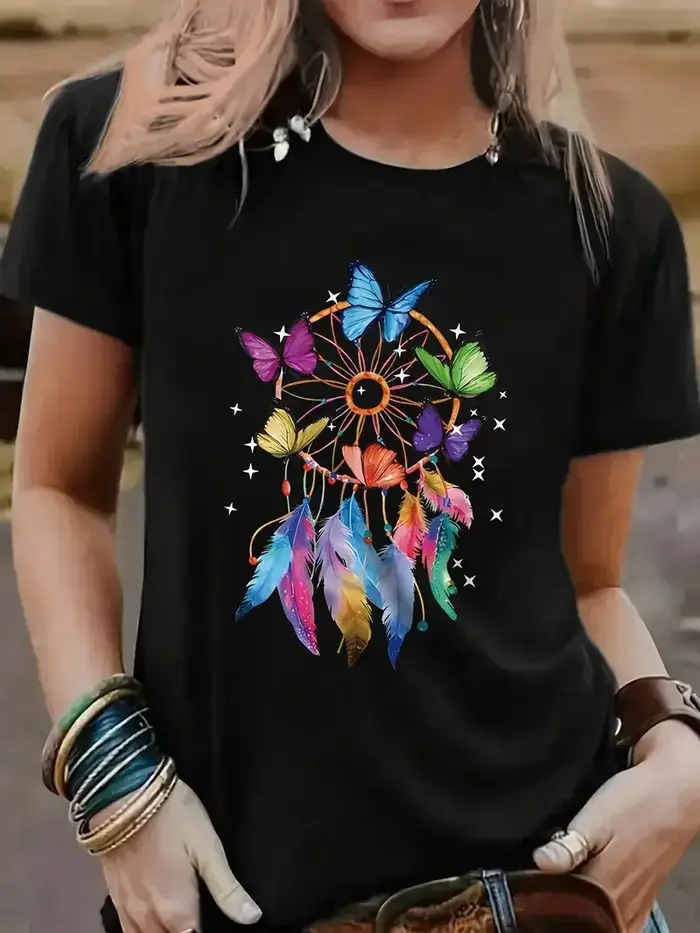 T-shirt imprimé graphique papillon, manches courtes, col rond, haut décontracté pour l'été et le pri