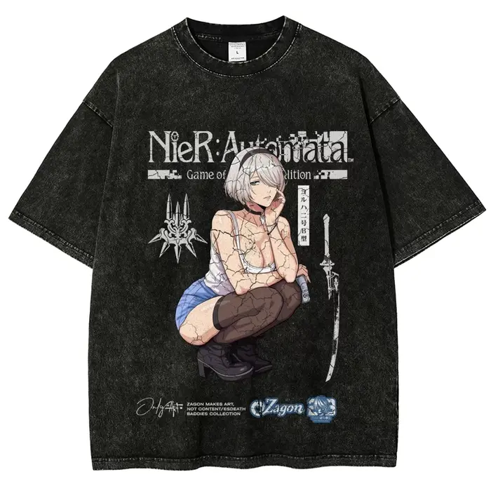 T-shirt NieR Automata délavé, vêtements toute l'année, nouveau modèle unisexe, grande taille, vêteme