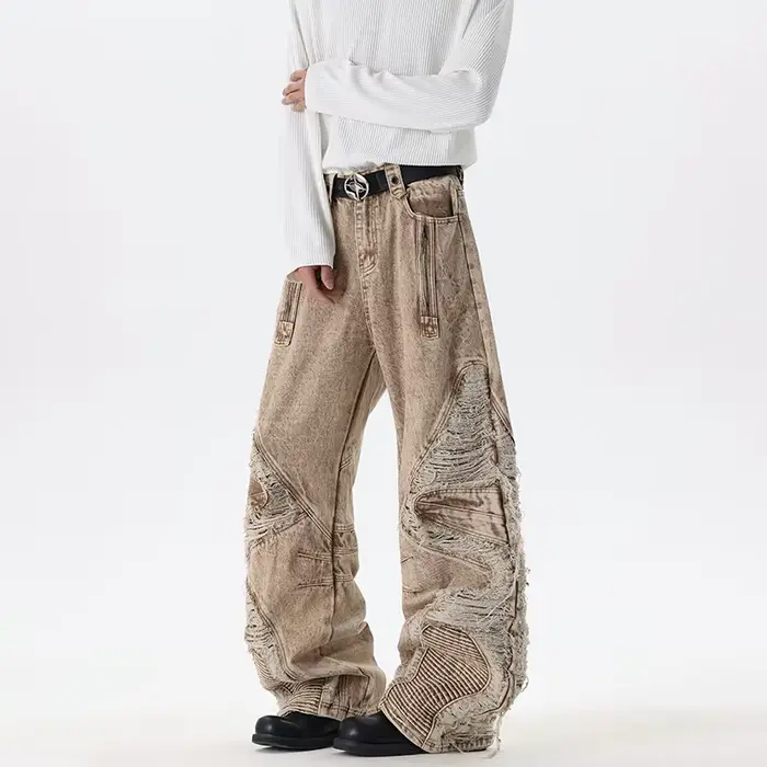 IEFB Streetwear – Jean cargo déchiré et patchwork pour homme
