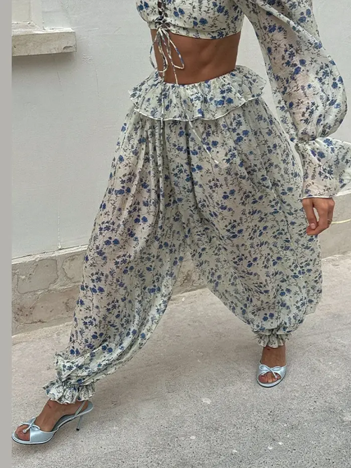 Ensemble haut court et pantalon de jogging imprimé rétro pour femmes