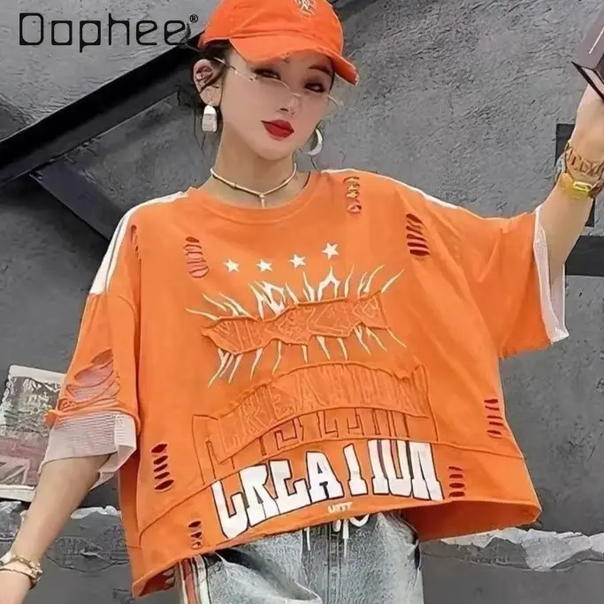 T-shirt Oversize Femme Vintage Orange Effet Vieilli Imprimé Lettres – Nouvelle Collection Été 2026 Streetwear Graphique Déchiré Ample