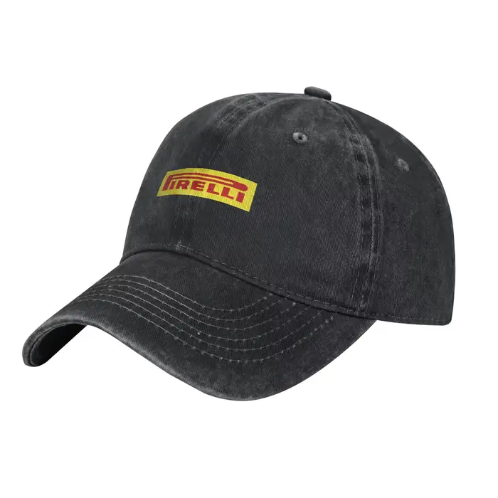Casquette de baseball en jean jaune et rouge avec pneus Pirelli – Style Dad Hat