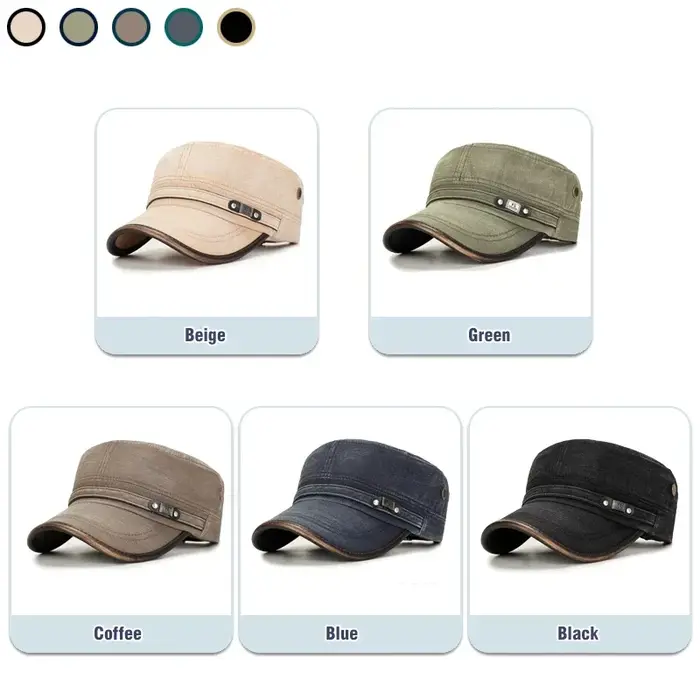 Casquette plate réglable en coton délavé à bord en cuir pour école militaire
