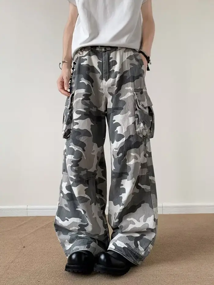 2025 Rop Y2K Streetwear Camouflage Baggy Cargo jean pantalon pour hommes vêtements jambe large Multi poches Hip Hop coton pantalons longs