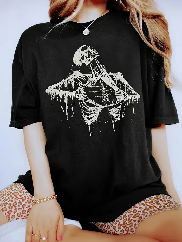 T-shirt gothique pour femme à manches courtes et col rond avec imprimé main squelette rock pour les fans