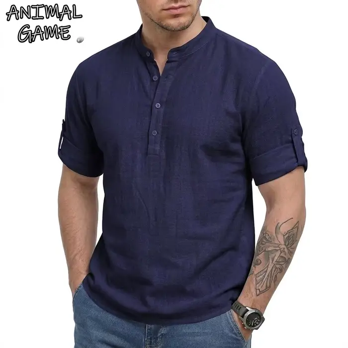 Nouvelle Chemise en Lin à Manches Longues pour Homme