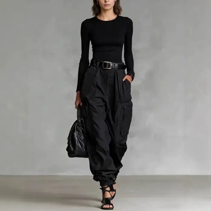 Pantalon Cargo Vintage Streetwear Femme, Nouveau Modèle, Uni, Coupe Ample, Taille Haute, avec Poches