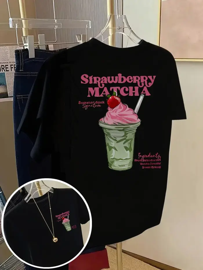 T-shirt ample streetwear imprimé fraise matcha, style Y2K esthétique, pour les amoureuses du matcha,