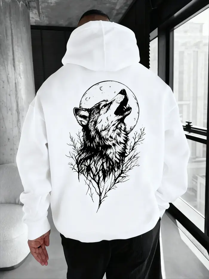 Sweat-shirt à capuche imprimé motif loup pour hommes, une chemise pull à capuche confortable, décont