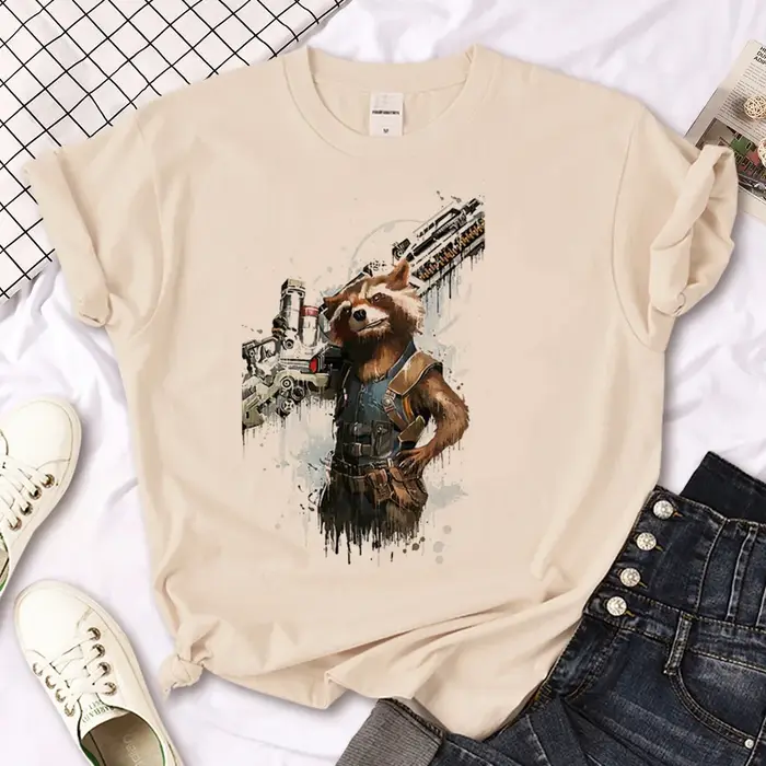 T-shirt femme, streetwear, harajuku, vêtement de styliste, motif raton laveur et fusée, 600