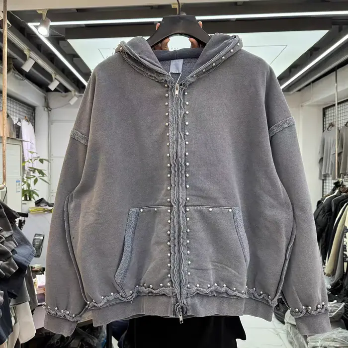 Rétro lavé en détresse rivet décoration à capuche hommes femmes de haute qualité Vintage surdimensionné pull