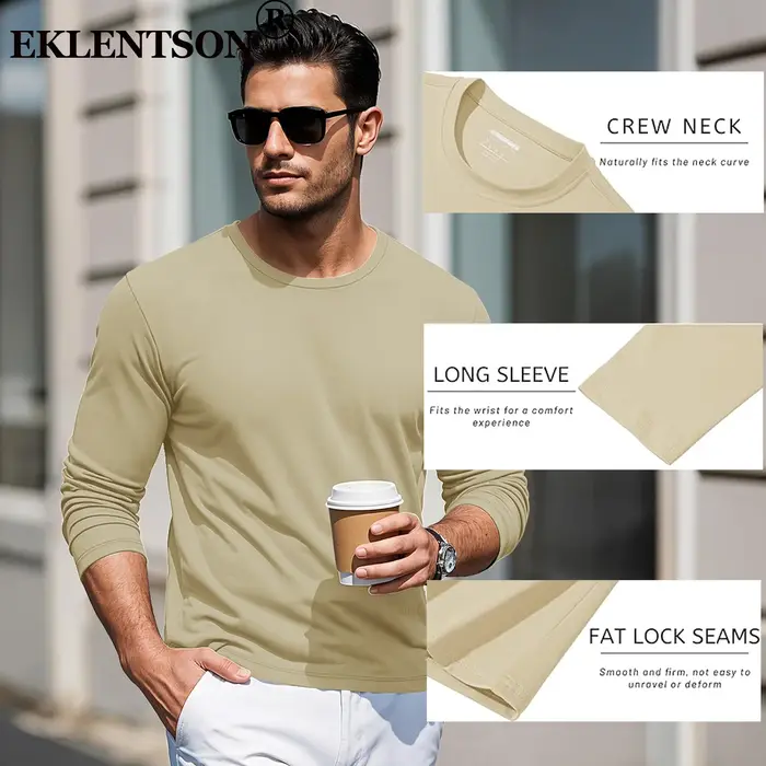EKLENTSON T-shirts à manches longues pour hommes en coton col rond t-shirt décontracté évacuant l'humidité tissu doux vêtements toutes saisons pour le travail quotidien