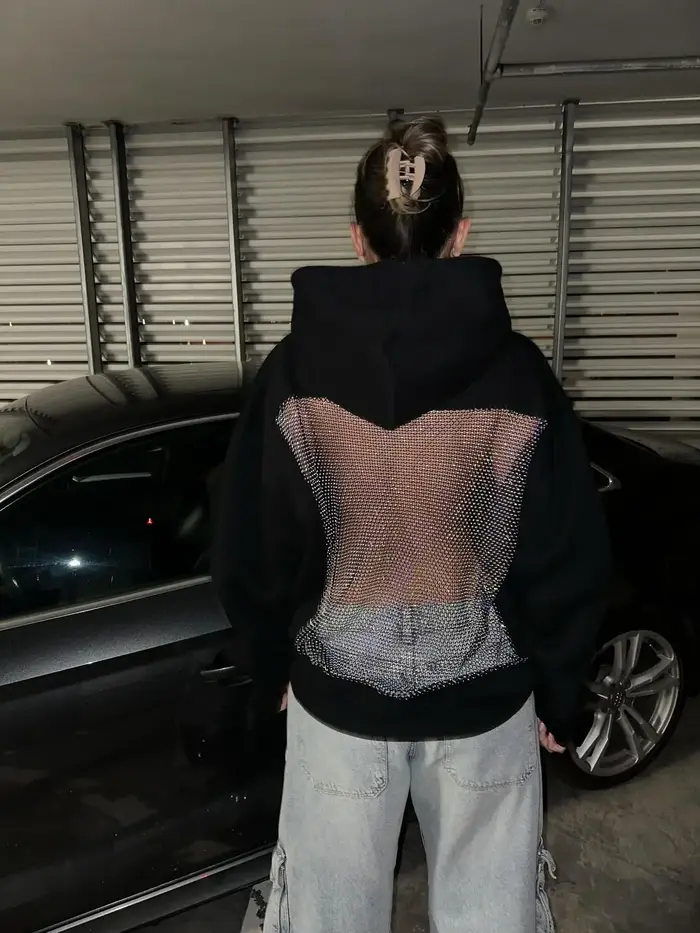 Sweat à capuche américain Sexy en maille strass brillant, dos nu, vêtements Y2K pour femmes, mode chaude, pull surdimensionné, veste décontractée