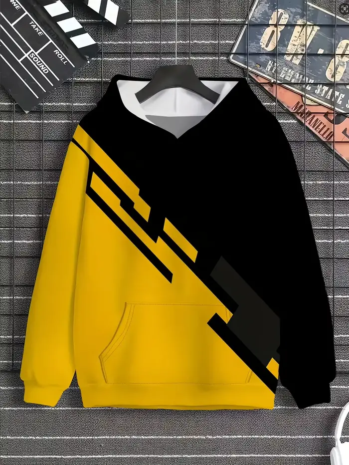 Sweat-shirt à capuche élégant à blocs de couleurs pour hommes |   Vêtements de sport tendance noir e