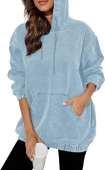 Sweat à capuche ample en denim vieilli, effet flocon de neige, style rétro délavé